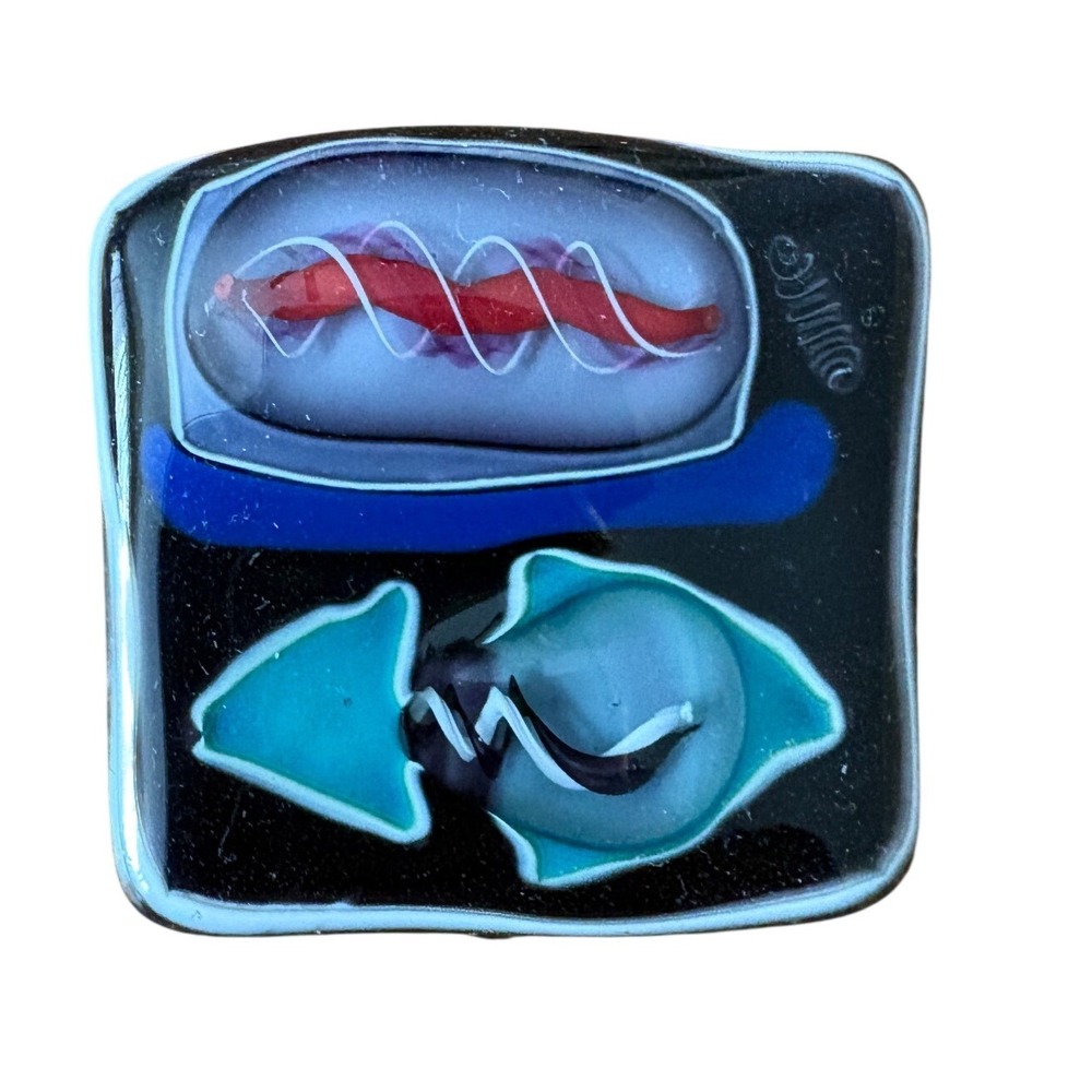 Vintage Artisan Fused Dichroic Glass Brooch Black Blue Modern Art Pin